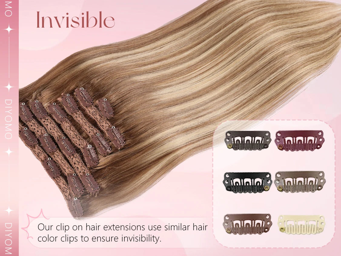 DIYOMO natural black straight PU clip-in hair extensions with 7 seamless invisible wefts, 100% human hair