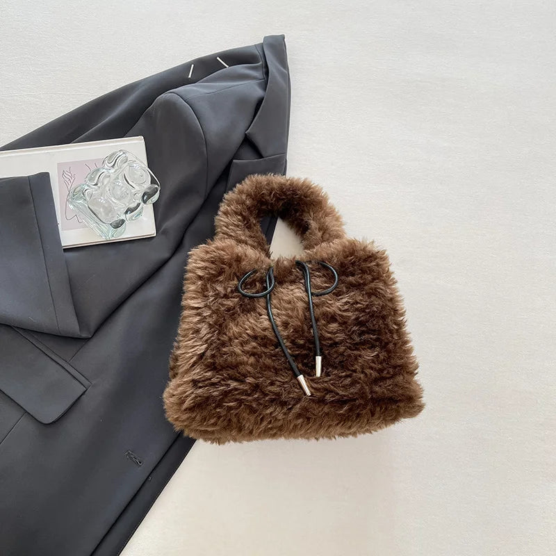Leftside 2026 winter faux fur small tote bag with curly fluffy fur, drawstring top handle, shoulder bag for women.