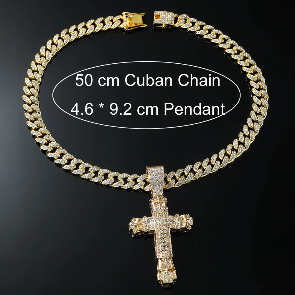 Gold personalized cross pendant necklace with diamond studs, hip-hop style jewelry from HSF Marketplace.