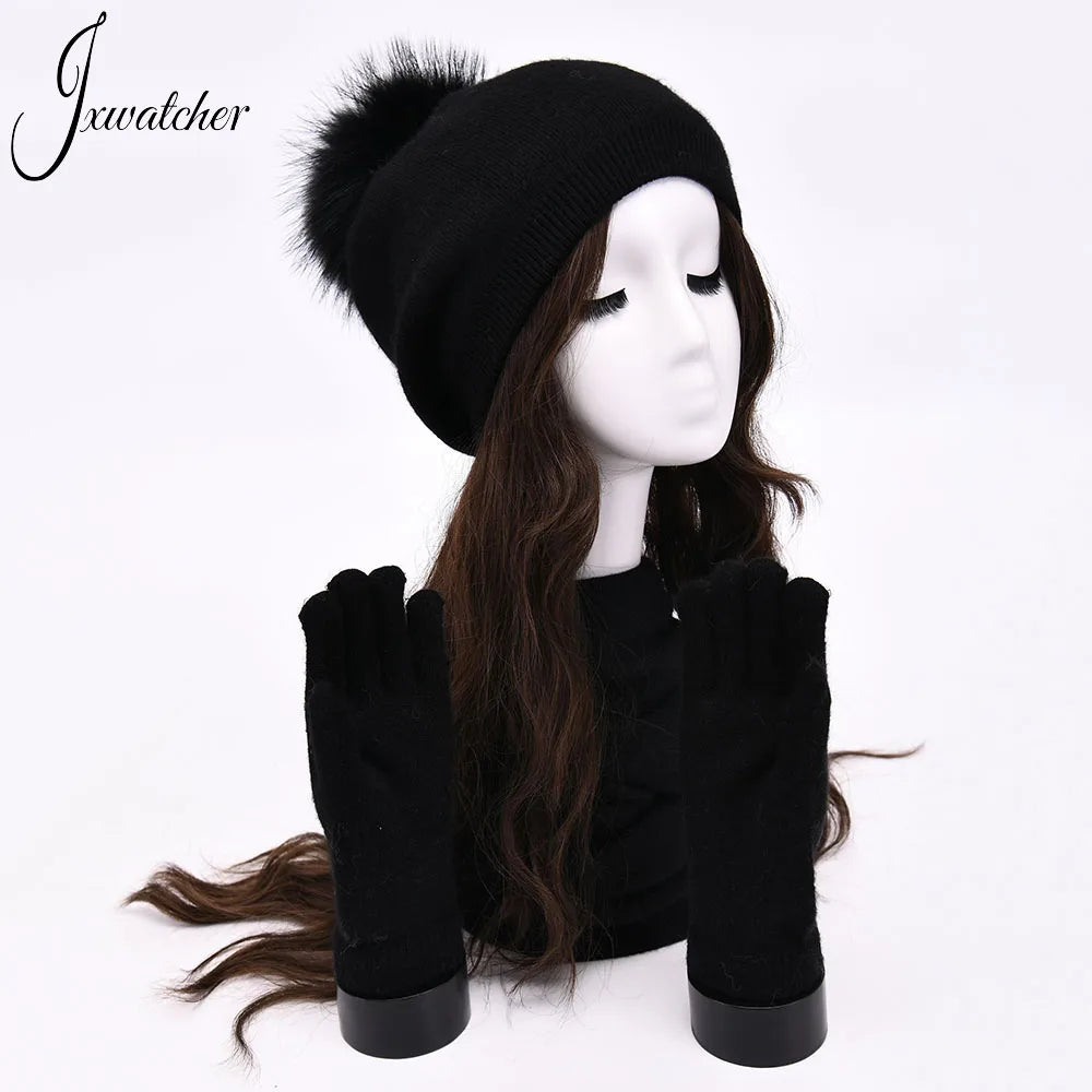 Women's warm cashmere wool winter hat, gloves and scarf set in a coordinated design