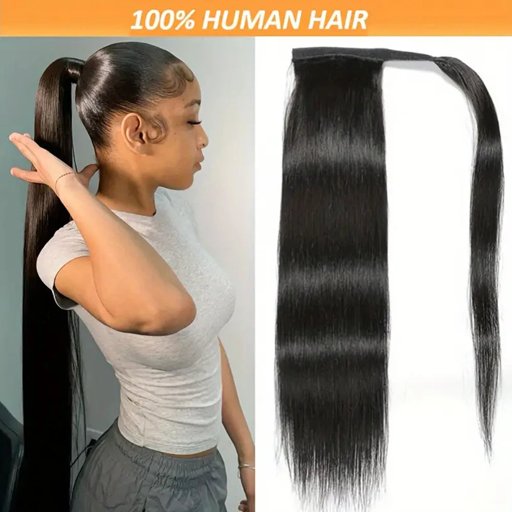 Straight Remy human hair clip-in ponytail extension in natural black