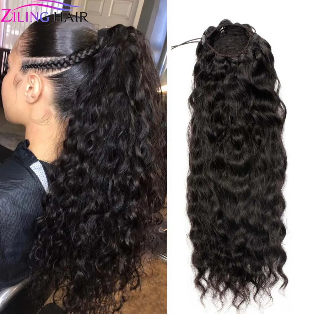 100g natural black Brazilian human hair water wave drawstring ponytail clip-in extension by HSF Marketplace