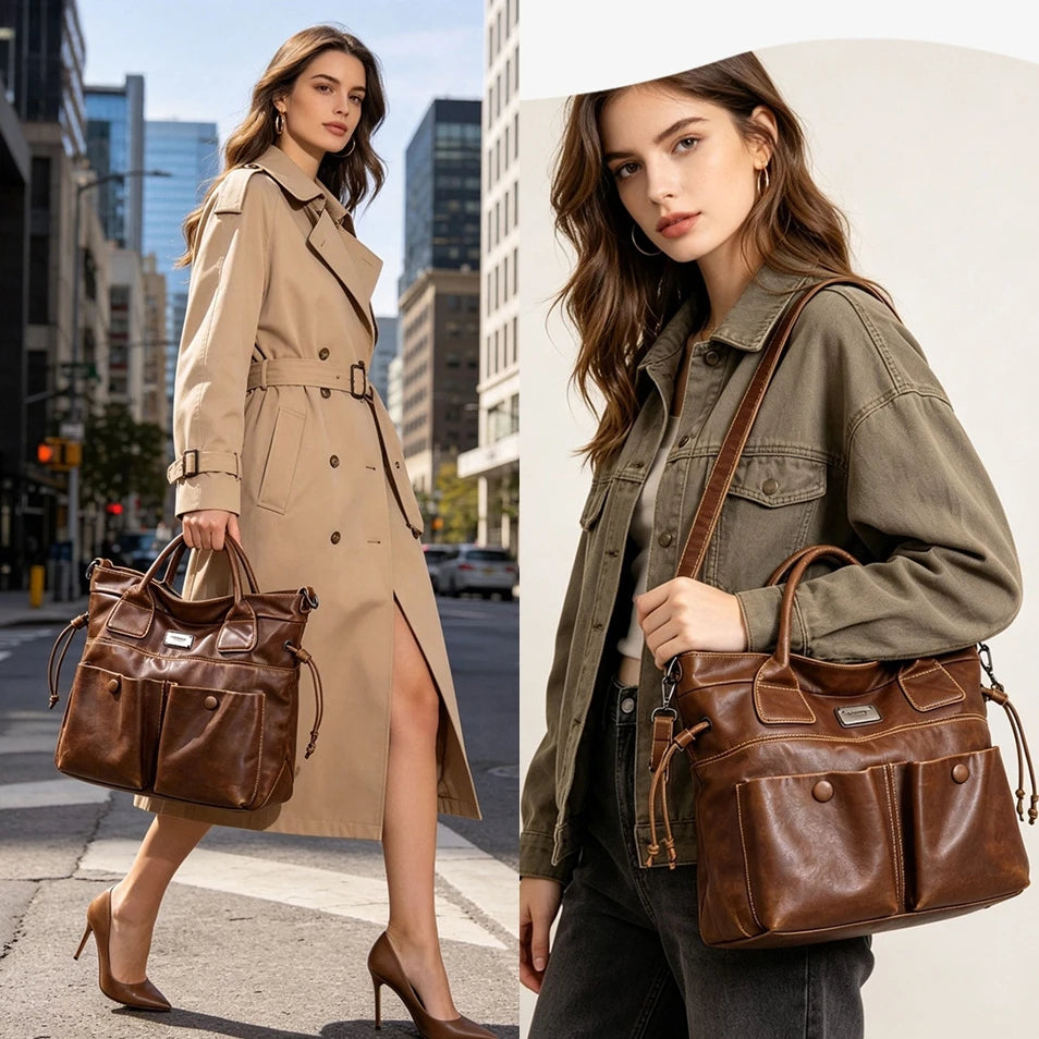 Vintage HSF Marketplace faux leather tote bag for women and men in brown, navy, or coffee with luxurious design and spacious interior.