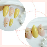 24-piece almond-shaped French yellow press-on false nails with 3D stereo flower design by HSF Marketplace