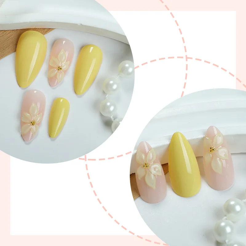 24-piece almond-shaped French yellow press-on false nails with 3D stereo flower design by HSF Marketplace