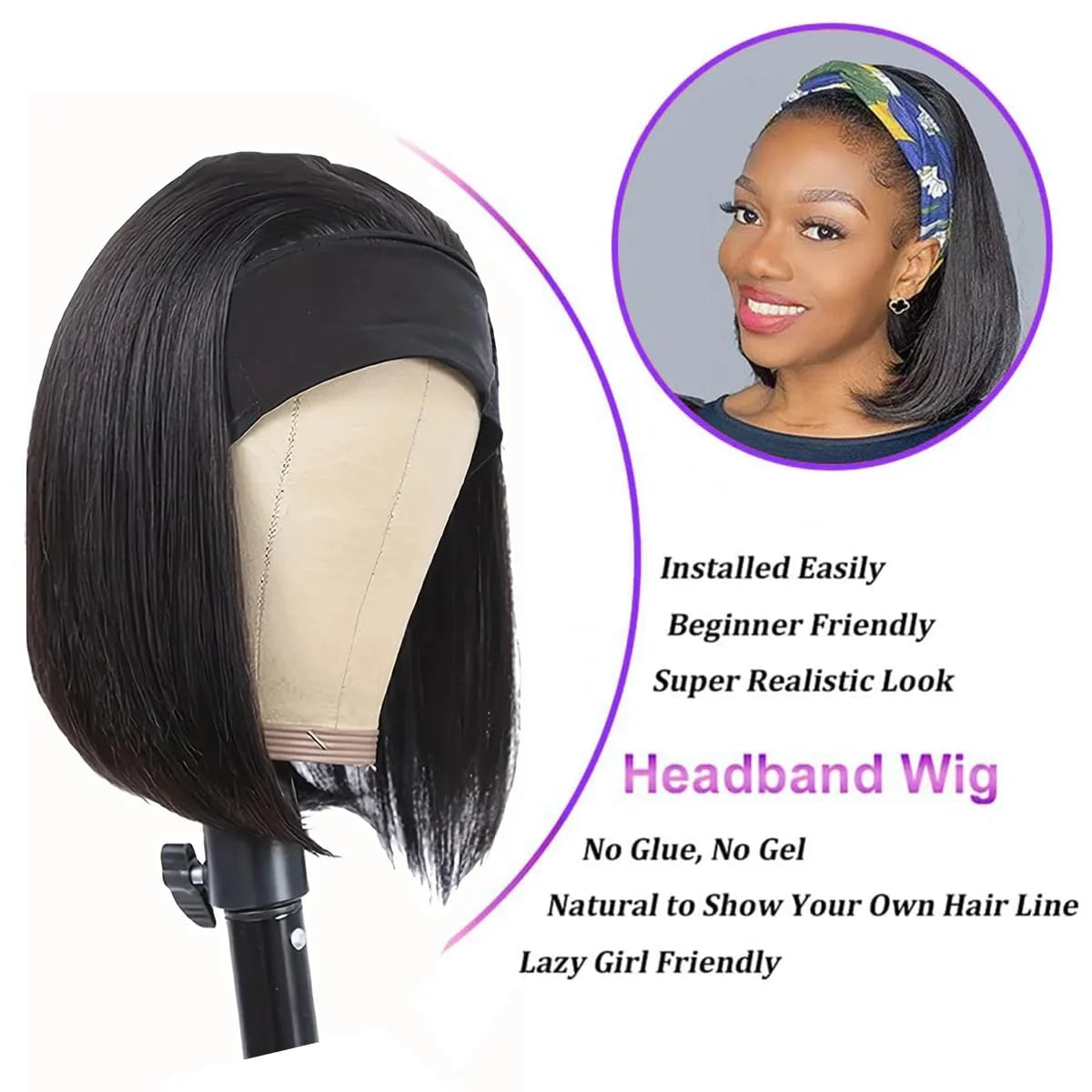 Straight headband bob wig, short 100% human hair glueless half wig for Black women by HSF Marketplace