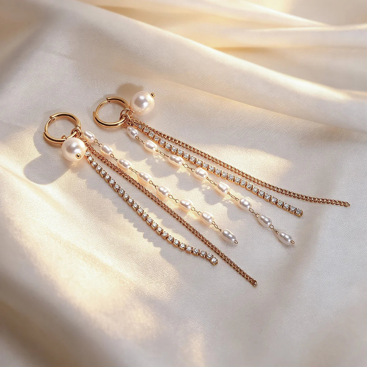 Gold color long tassel dangle earrings for women by HSF Marketplace, featuring layered chain fringe design