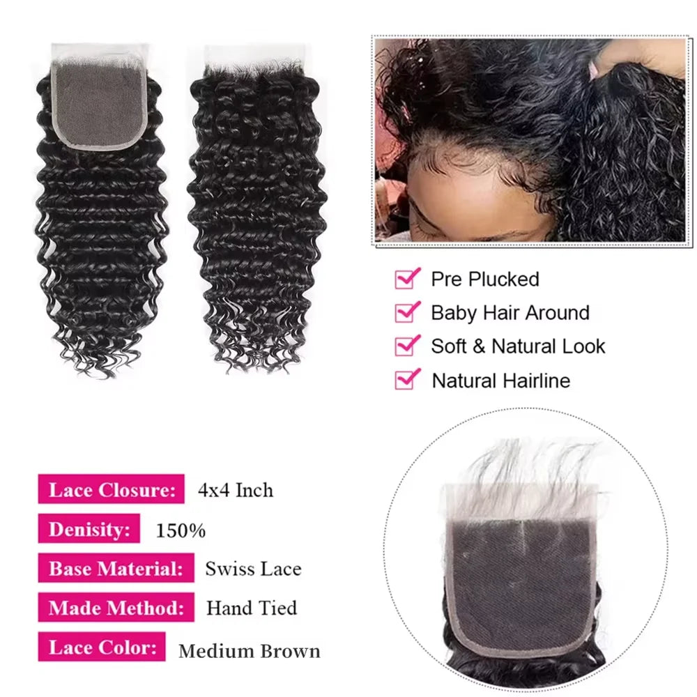 4x4 5x5 13x4 Closure With Bundles Deep Wave Brazilian Human Hair 3 4 Bundle With Frontal HD Lace Invisible Melt Skin Curly Weave