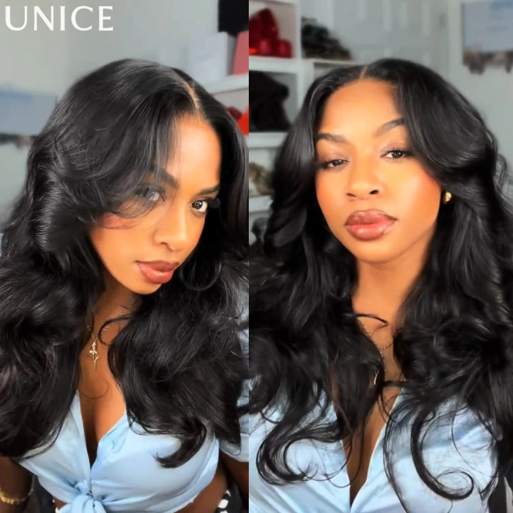 UNice Butterfly Cut 180% Density 7x5 Lace Body Wave Human Hair Wig With Feathered Layers Pre Cut Pre Bleached Glueless Wig