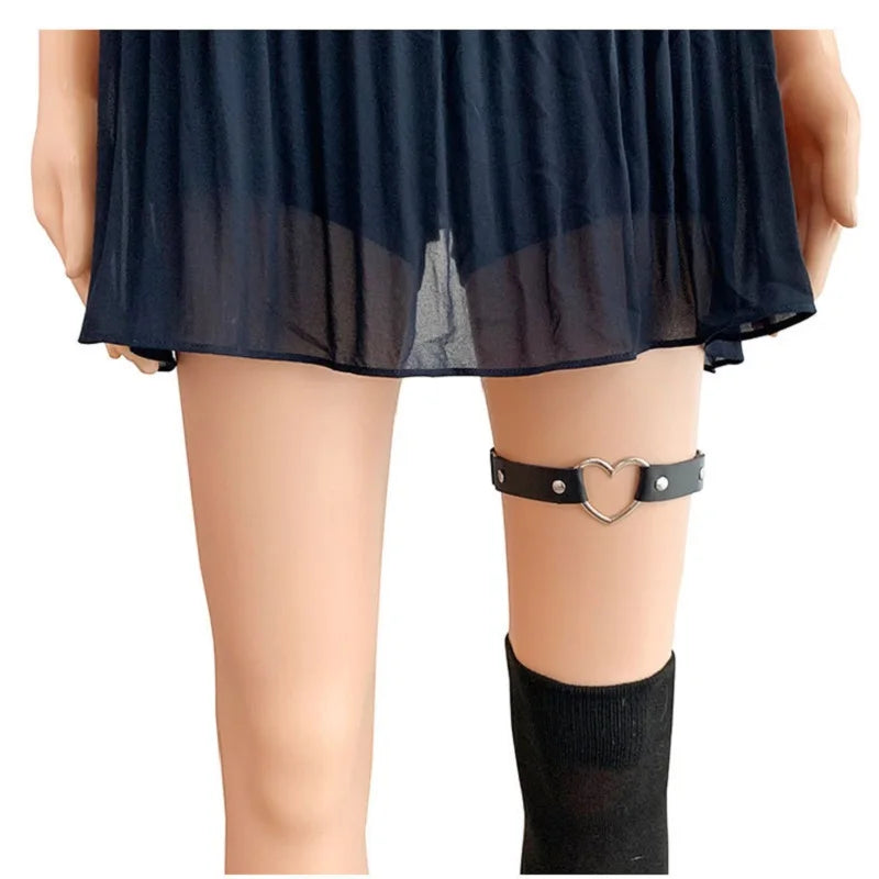 Women’s PU leather thigh garter leg ring with heart rivets, spikes, and elastic punk goth harness design