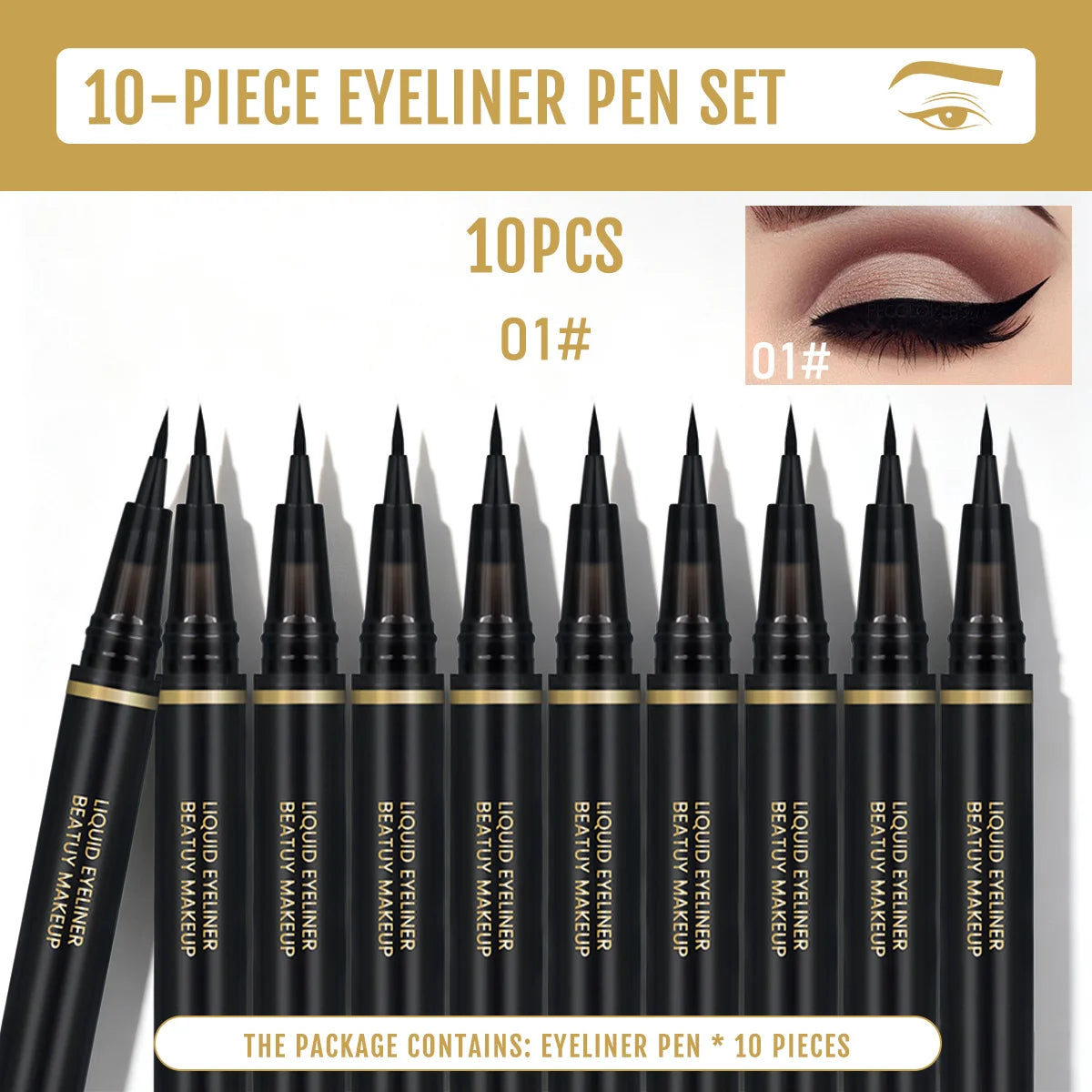 10-piece HSF black liquid eyeliner kit with precision slim-tip pens for smooth, fast-drying eye makeup application