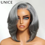 Salt and pepper wavy bob human hair wig with natural-looking waves and comfortable fit