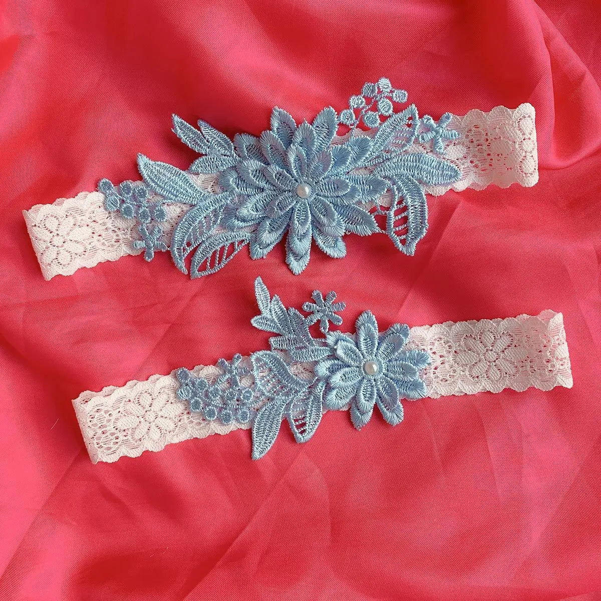 2-piece women’s lace garter belt thigh bands with pearl embroidery for bridal wedding accessories