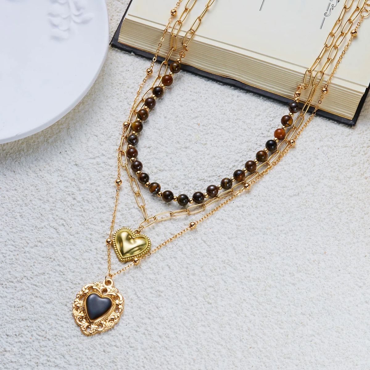 Retro 3 Layers Gold Plated Tiger Eye Stone Necklace For Women Boho Sun Zircon Sun Pendant Beaded Stackable Choker Party Jewelry
