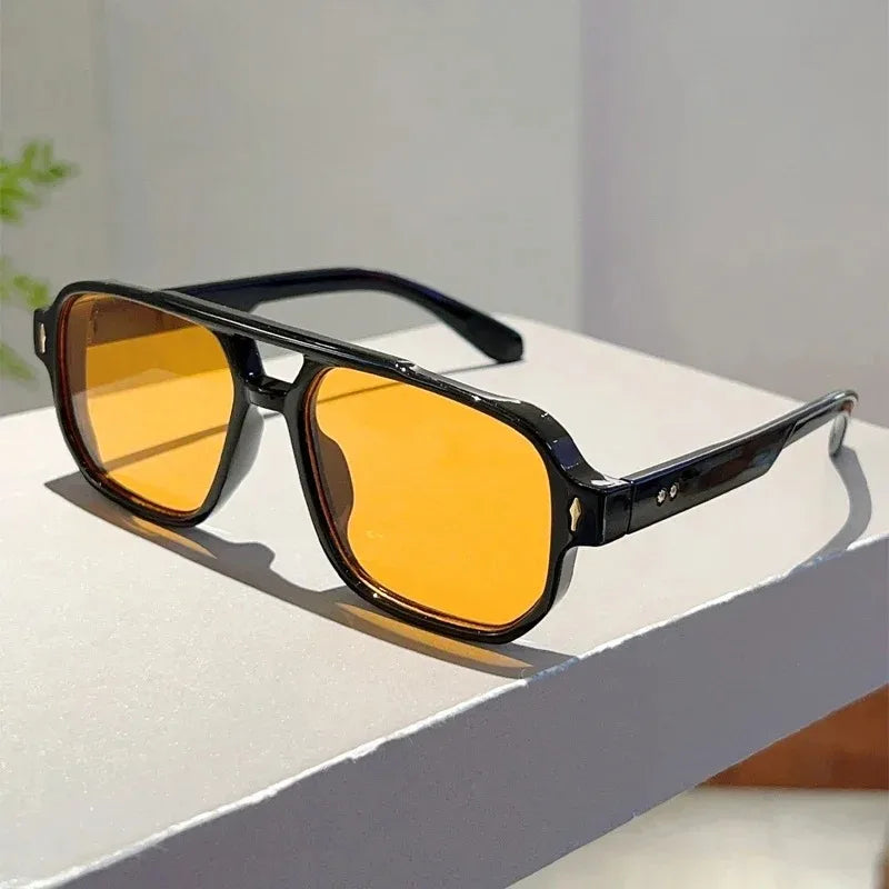 Vintage double bridges square sunglasses with ocean lenses, UV400 protection, rivet details, stylish eyewear for women.