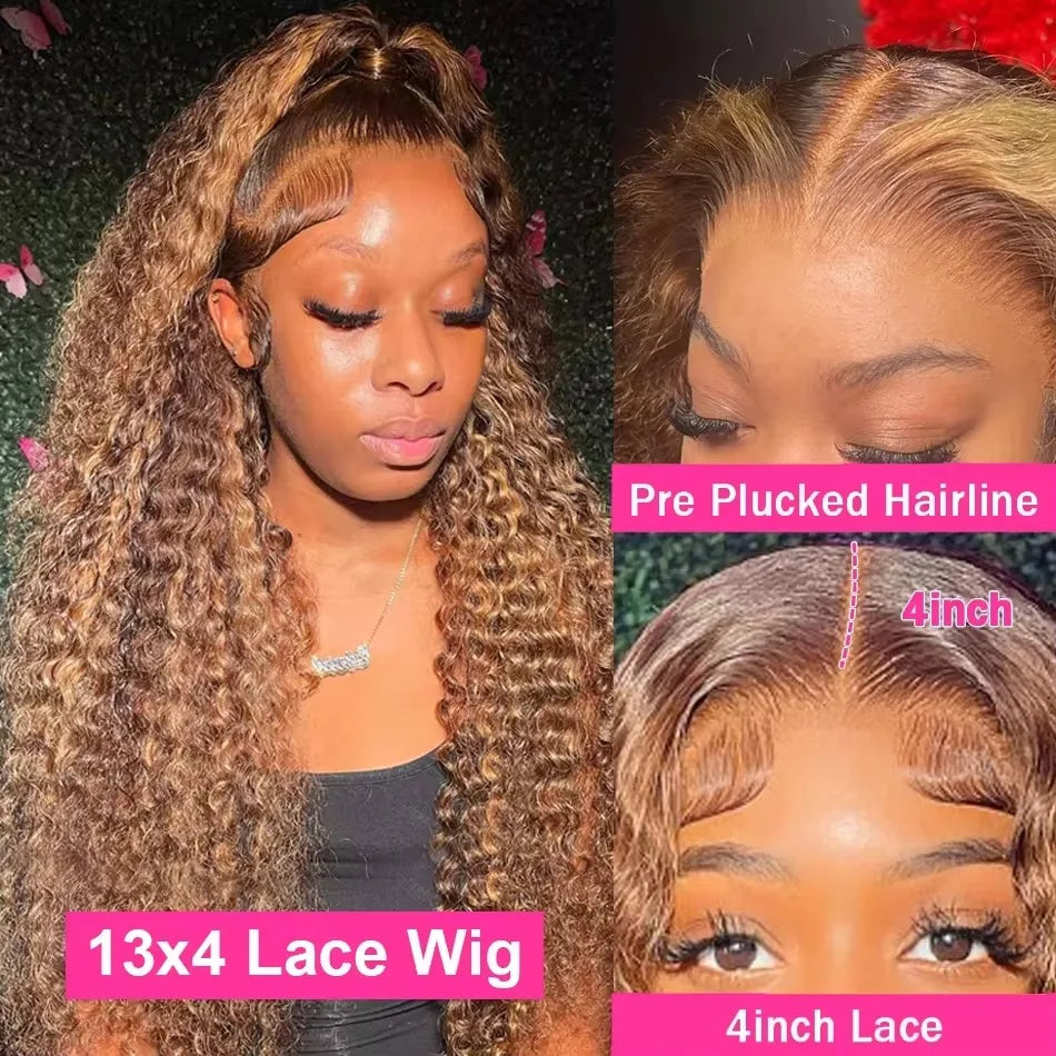 36 Inch P4/27 Honey Blonde Highlight Deep Wave Lace Frontal Wig 200 Density 13x4 13x6 HD Transparent Lace Brazilian Colored Human Hair Pre Plucked Natural Hairline For Women