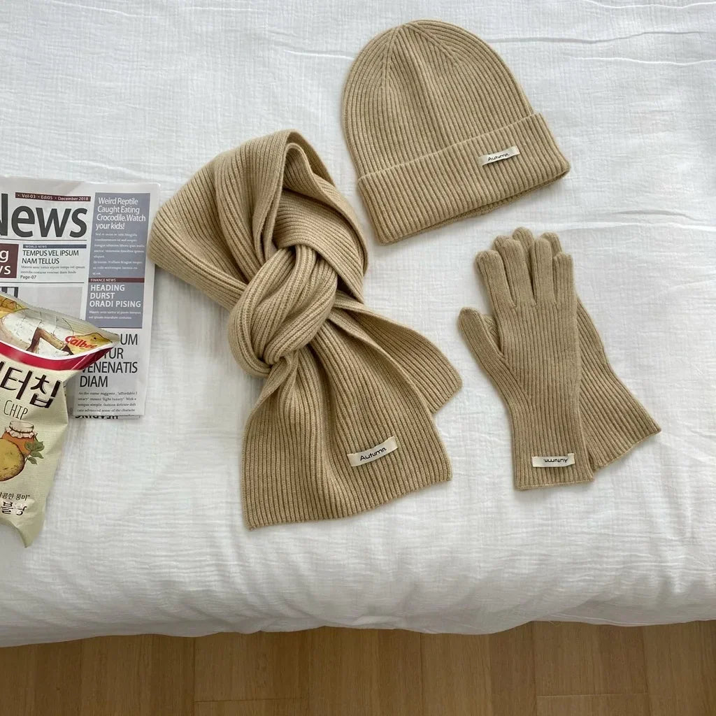 Women's knitted hat, scarf and glove set for autumn and winter warmth by HSF Marketplace