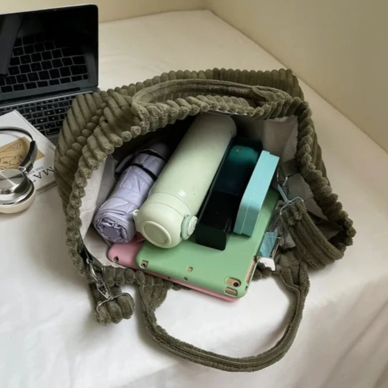 Large capacity striped velvet handbag for women by HSF Marketplace, featuring a spacious structured design
