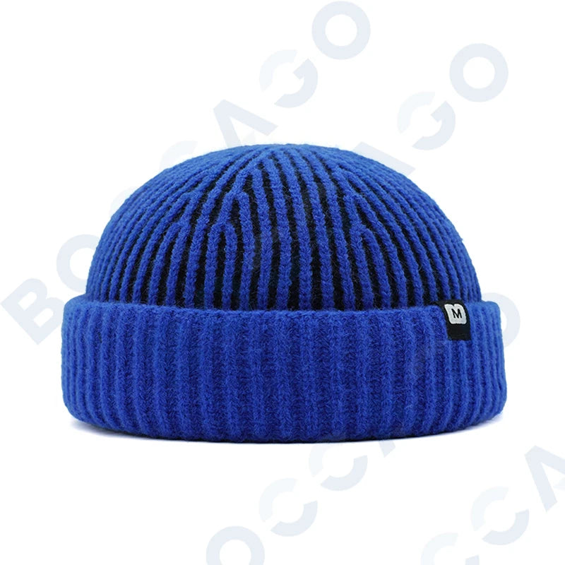 Women's thick striped knitting docker cap winter beanie with letter label, soft vintage retro design