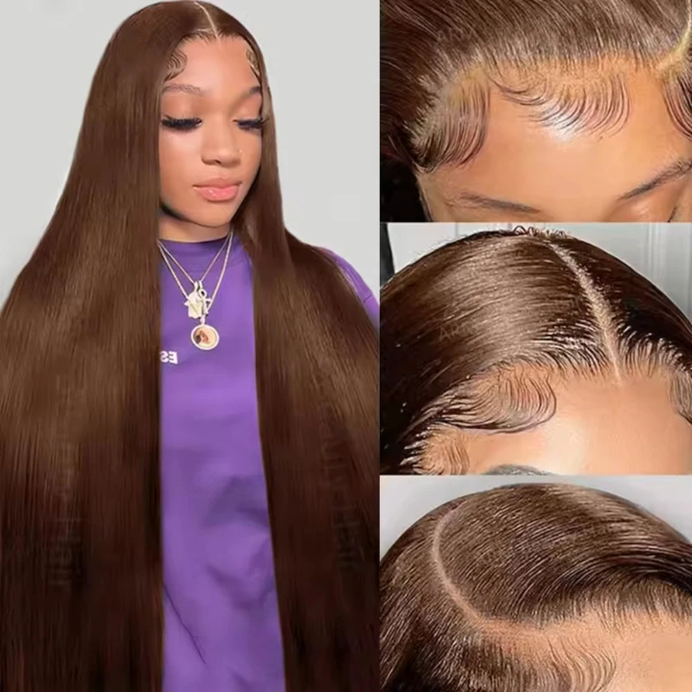 Straight chocolate brown human hair wig with HD transparent lace, 46 inches, 200% density, 13x4 and 13x6 lace frontal from HSF Marketplace
