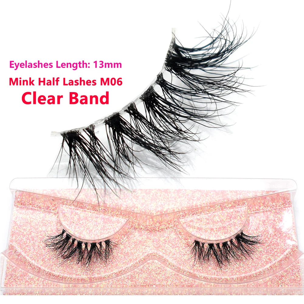 3D Mink Half Eye Lashes Natural Lightweight Short Fake Eyelashes Soft Fluffy Clear Band Strip Mink Lashes Extension