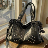 Large capacity rivet punk handbag for women by HSF Marketplace, black structured design with studded detailing