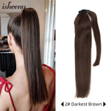 Isheeny straight human hair wrap clip-in ponytail extensions in 14–24 inch lengths, natural Brazilian Remy hair