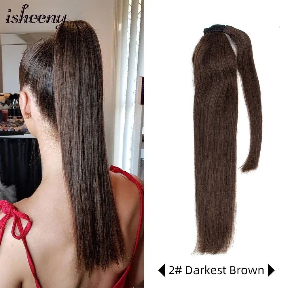 Isheeny straight human hair wrap clip-in ponytail extensions in 14–24 inch lengths, natural Brazilian Remy hair