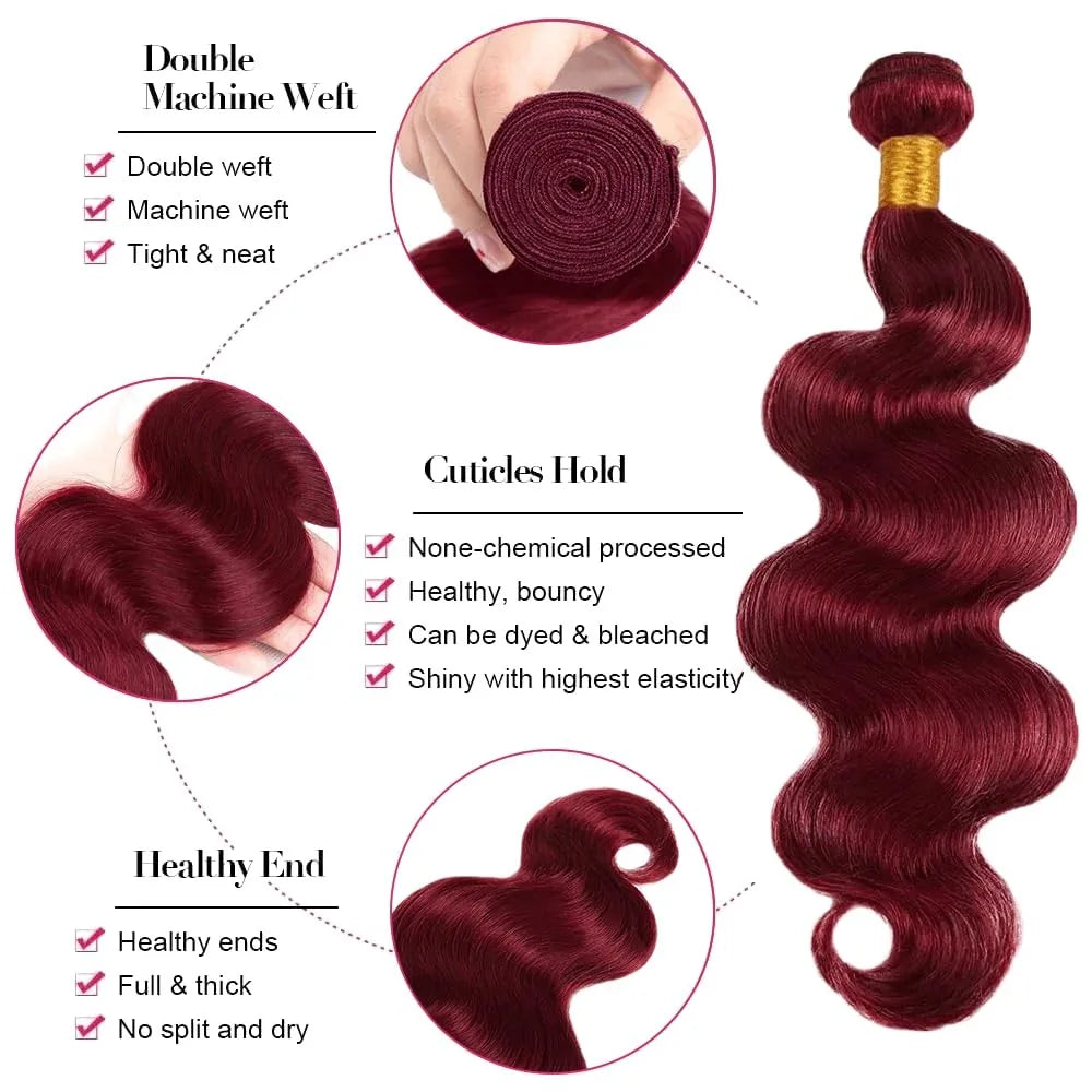 Body Wave Human Hair Bundles With Closure 5x5 And Colored Burgundy Red 3/4 Bundles With Lace Closure 99J Brazilian Hair Bundles