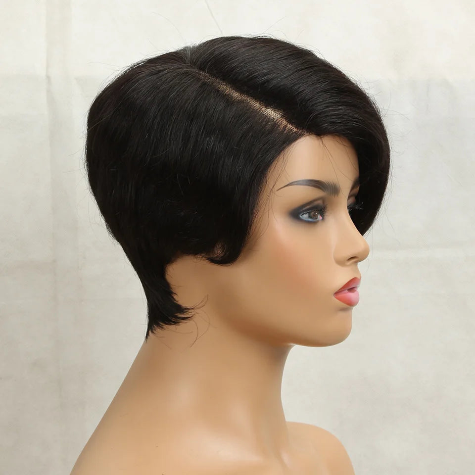 Straight human hair wig with transparent lace front, preplucked bob pixie cut, ideal for women, Brazilian hair, wear-and-go style