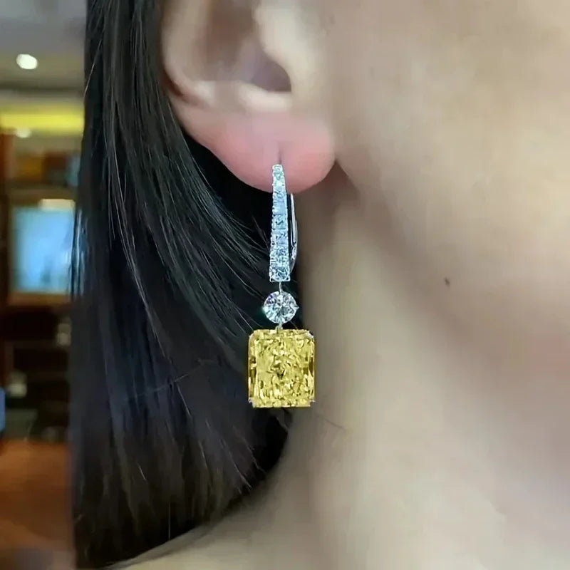 Yellow CZ dangle earrings for women, modern bridal jewelry by HSF Marketplace