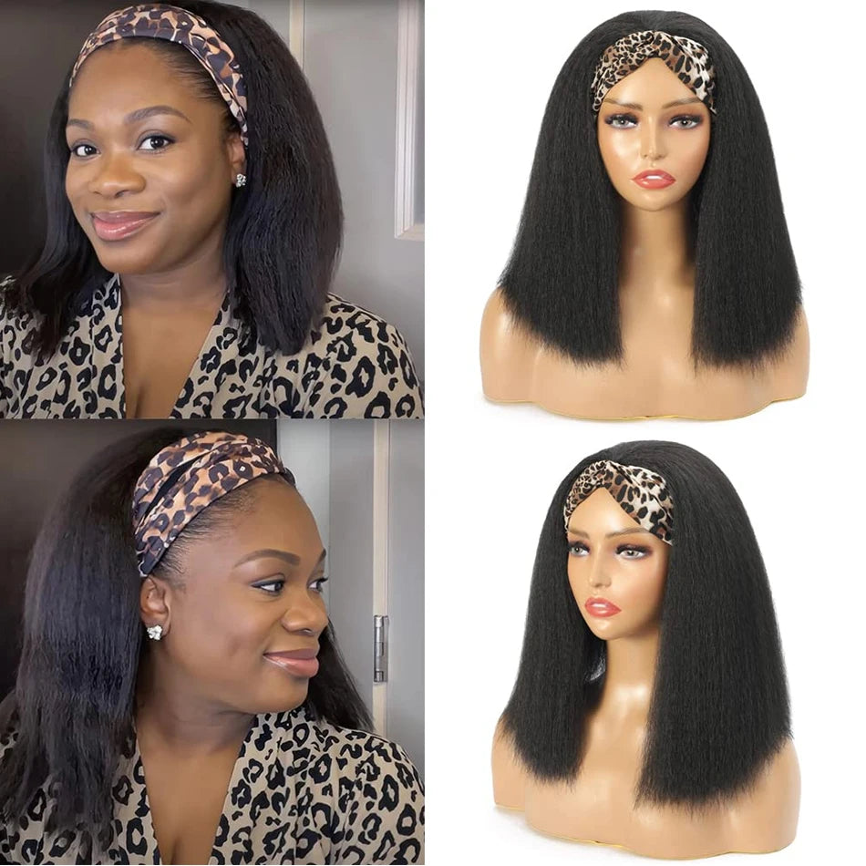 HSF Marketplace short bob human hair wig, 250 density kinky straight yaki texture with headband