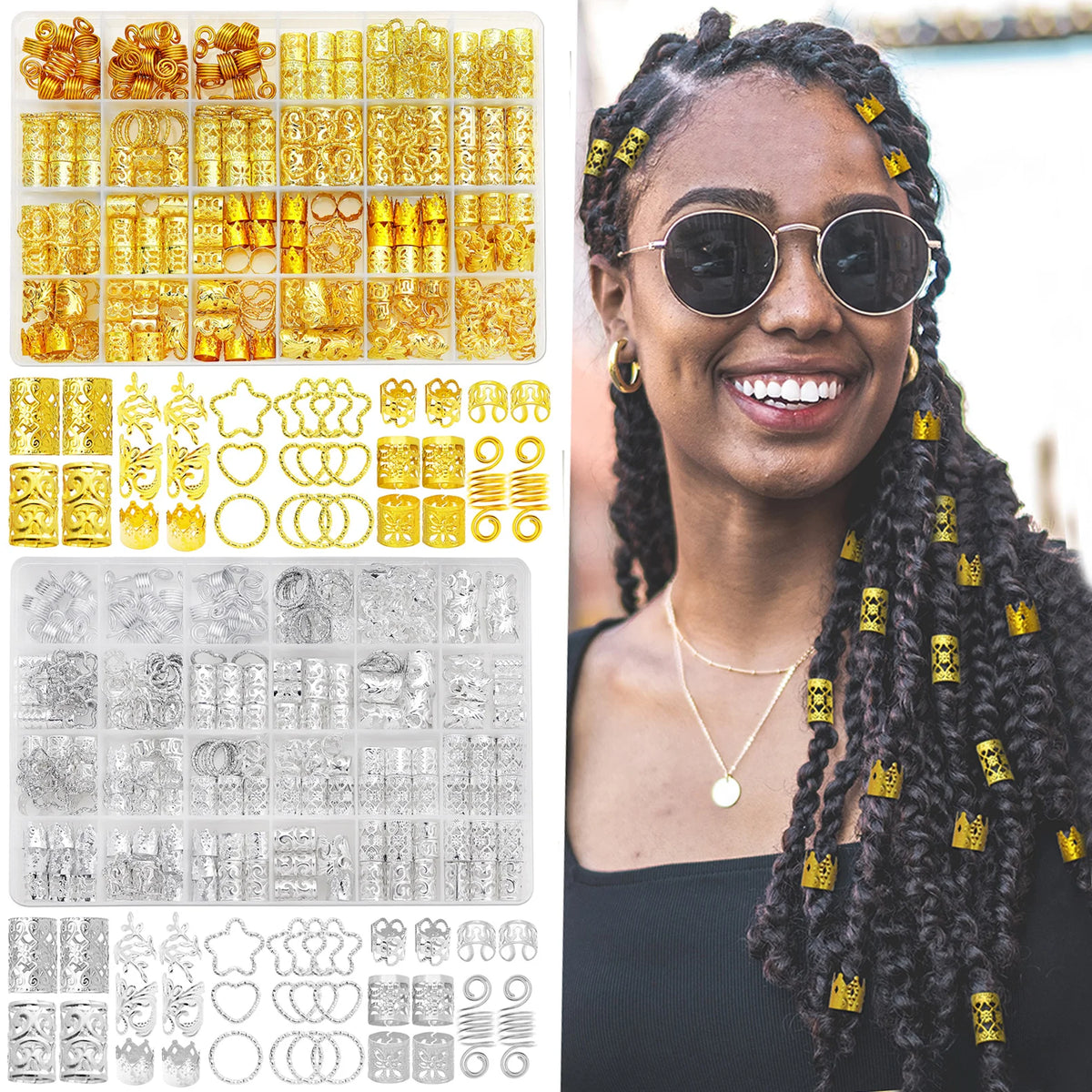 260Pcs/box Gold Silver Hair Beads Jewelry Braid Accessories Hair Clips Dreadlocks Braiding Braid Cuffs Metal Hair Rings Charms