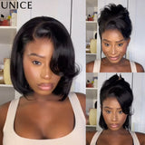 Layered human hair bob wig with side-swept bangs by HSF Marketplace