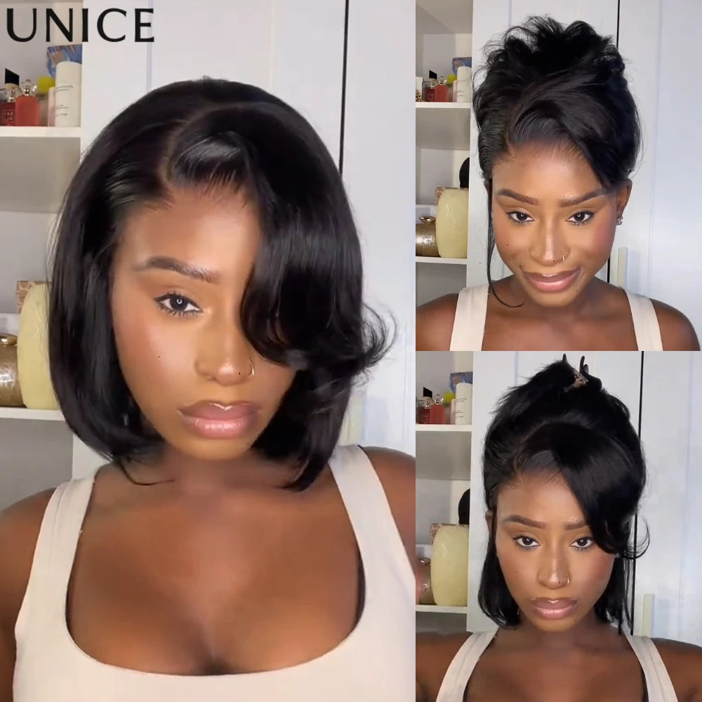 Layered human hair bob wig with side-swept bangs by HSF Marketplace