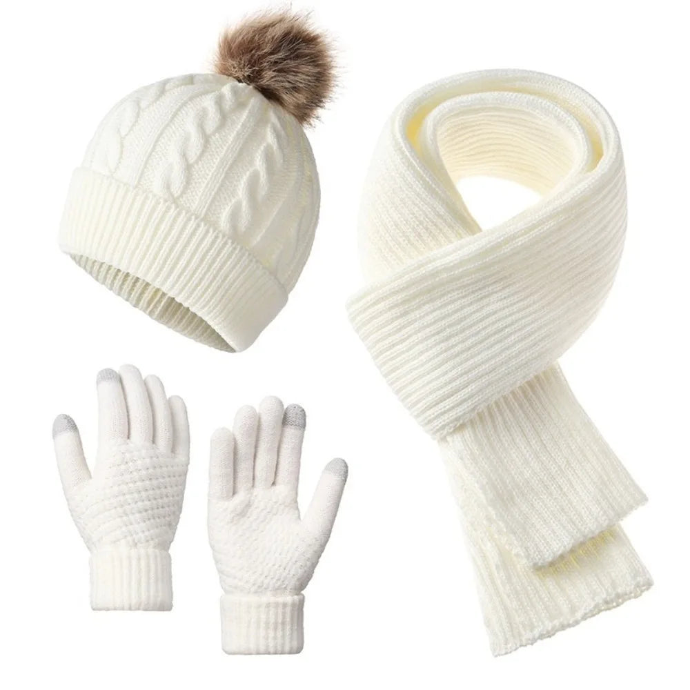 Warm touch screen scarf hat gloves set for women in coordinated winter knit design by HSF Marketplace
