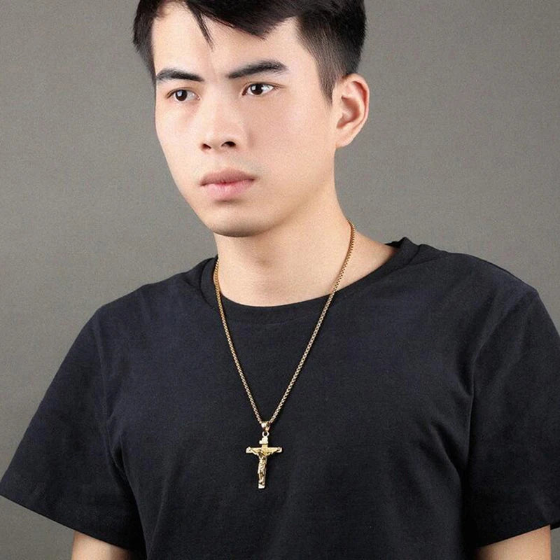 Stainless steel Jesus cross necklace for men in gold and silver options by HSF Marketplace