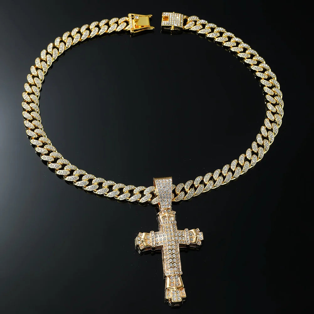 Gold cross pendant necklace with diamond accents, personalized European and American hip-hop jewelry by HSF Marketplace