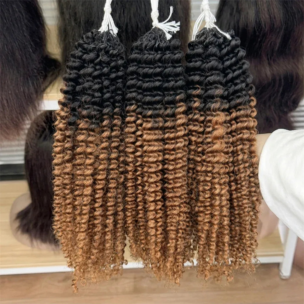 15A T1B/30 TB30 Highlight Kinky Curly Feather Crochet Human Hair Miracle Knots Knotless Pre Separated Pre Looped Small Spirals Deep Curly Human Hair Extensions Invisible Boho Braiding Light Brown Crochet Hair For Women