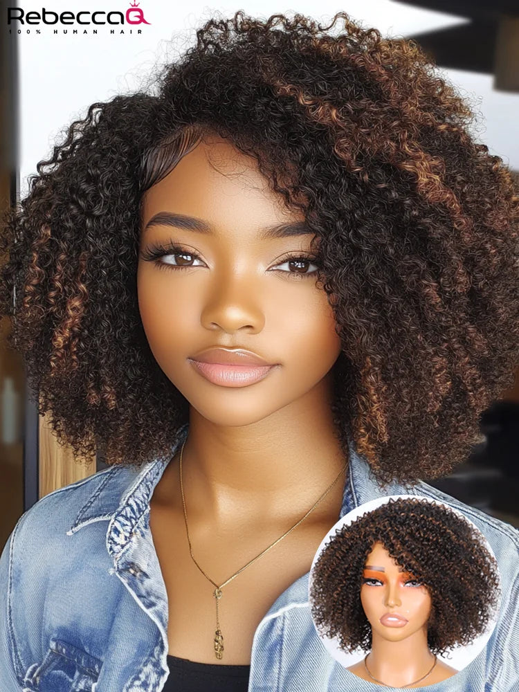 Brazilian Remy human hair wig with kinky curly highlight bob style, bangs, and 200% density for women.