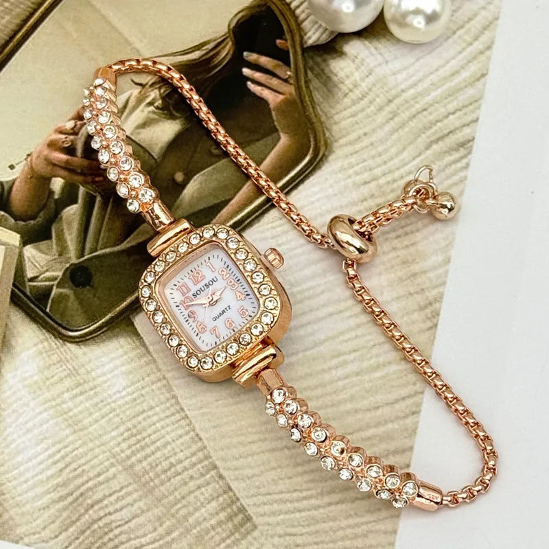New Small Square Digital Women's Watch with Diamond Inlaid Light Luxury Small Bracelet Quartz Watch Women's Watch