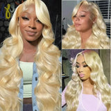 613 blonde body wave 13x6 HD lace frontal human hair wig, 38–40 inches with honey-colored lace closure