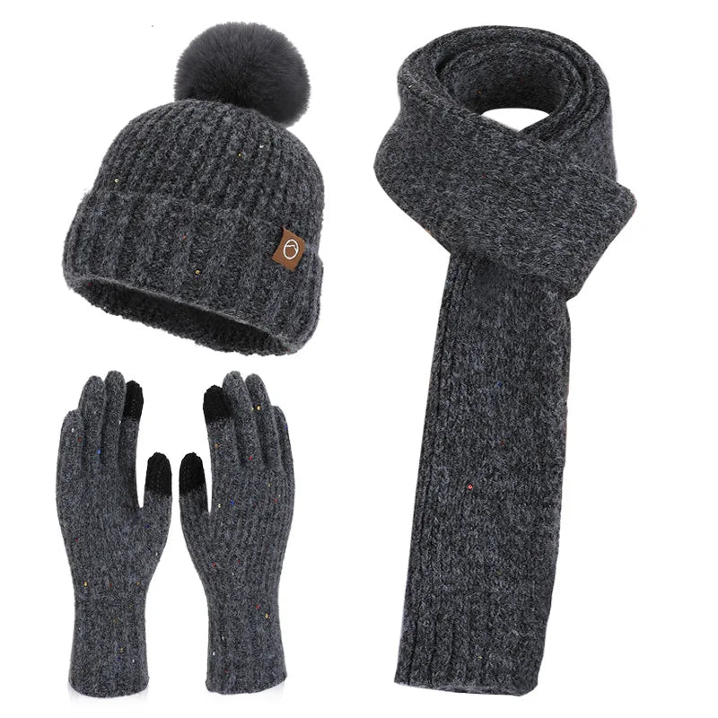Women’s wool knit neck scarf, gloves and cap set in winter warmth design by HSF Marketplace