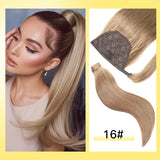 Yelo human hair ponytail extension in Remy straight blonde, brown, and black shades with clip-on attachment