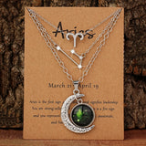 Set of three zodiac moon glow pendant necklaces with birthstone cards, ideal for birthday gifts and friendship jewelry.