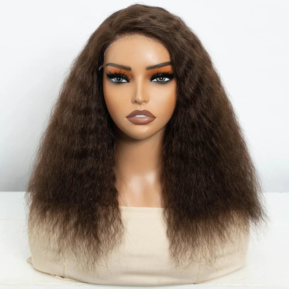 Natural black 14-inch kinky straight bob side part human hair wig with natural hairline, reddish brown color, glueless lace cap.