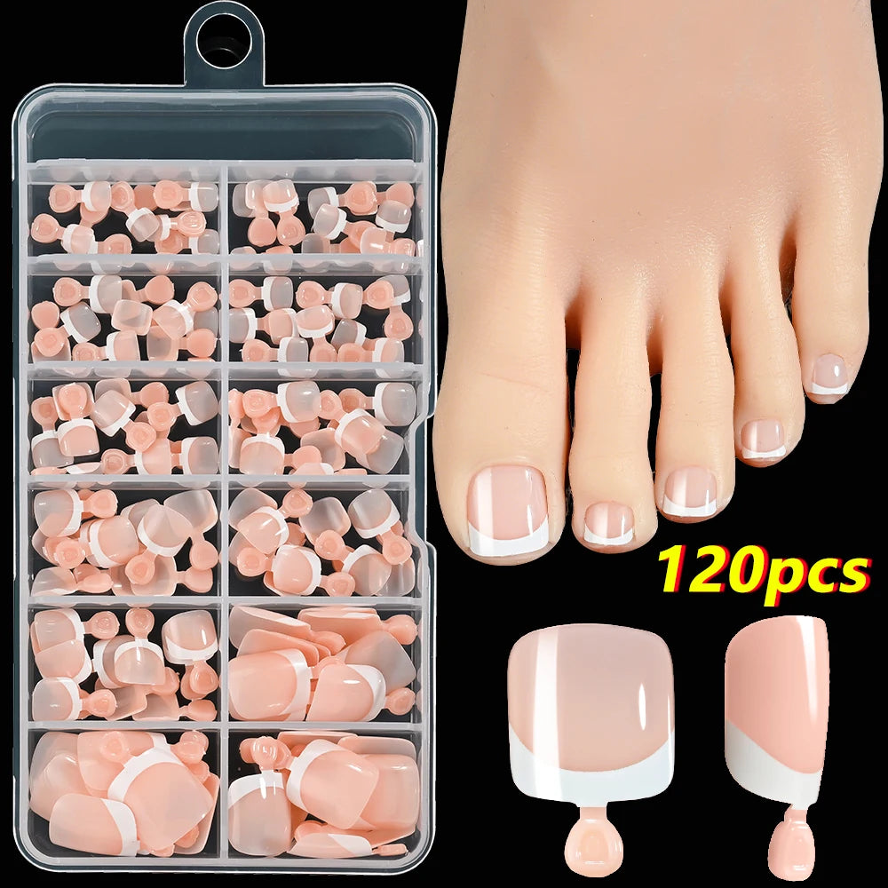 120-piece HSF Marketplace pink French tip press-on toenails, square short glossy false nail set in box