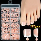 120-piece HSF Marketplace pink French tip press-on toenails, square short glossy false nail set in box