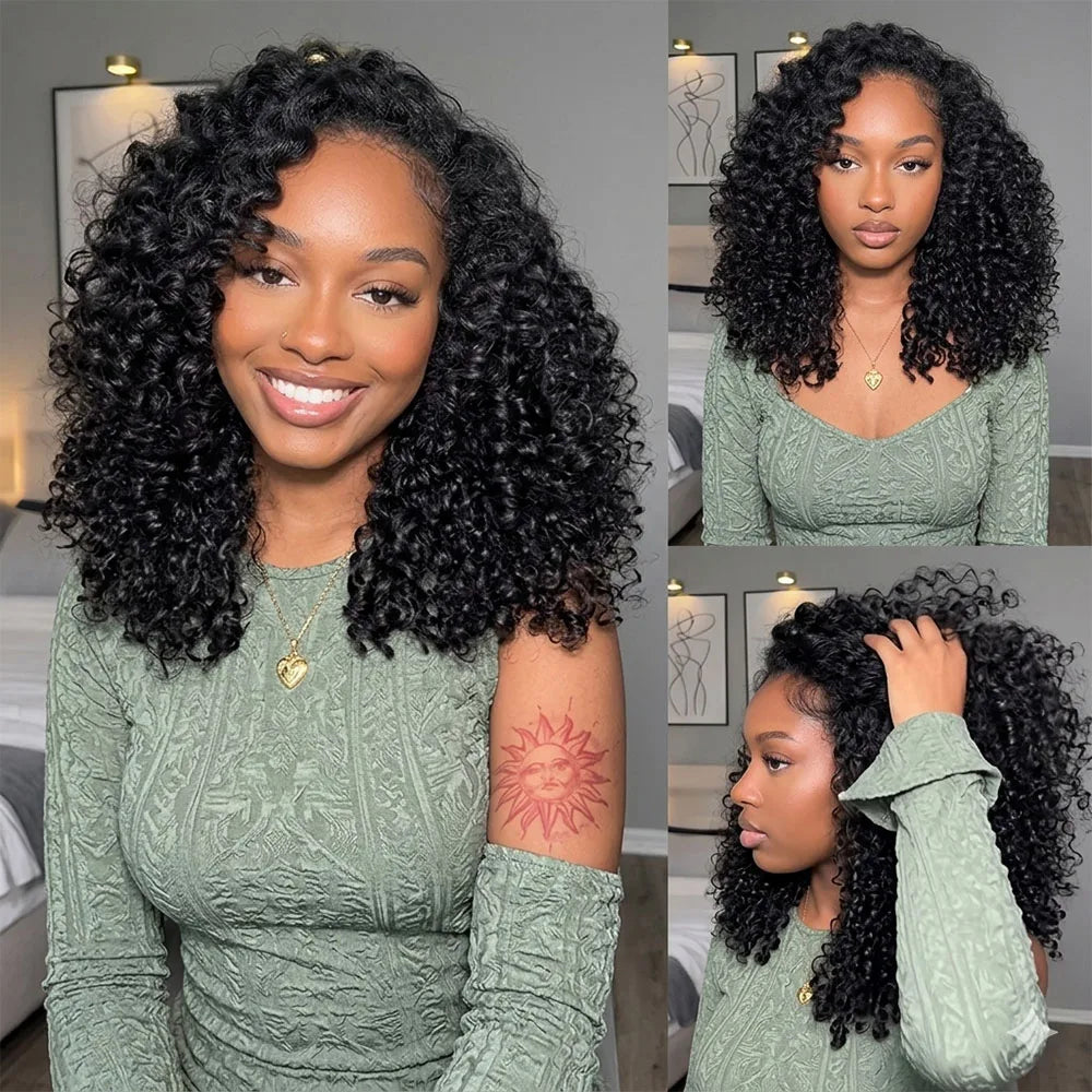 Burmese curly human hair half wig with drawstring, clip-ins, and flip-over design, ready to wear, glueless 250 density from HSF Marketplace.