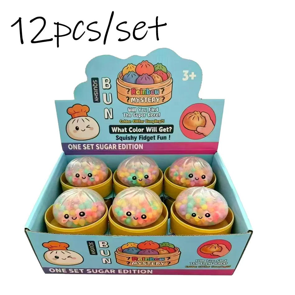 Rainbow dumpling squishy toy by HSF, colorful sensory stress relief toy shaped like a dumpling